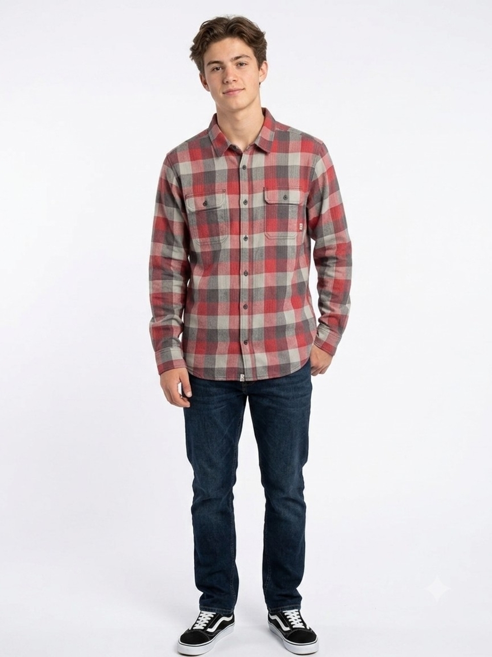 Vans Off The Wall Men's Large Plaid Flannel Shirt Long Sleeve Red Gray